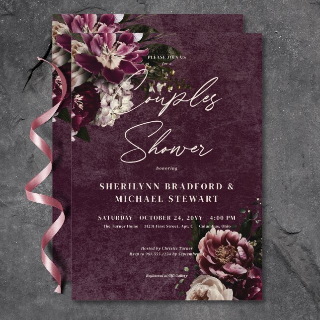 Dark Elegant Burgundy White Floral Couples Shower Invitation (Dark Elegant Burgundy White Floral Couples Shower Invitation)