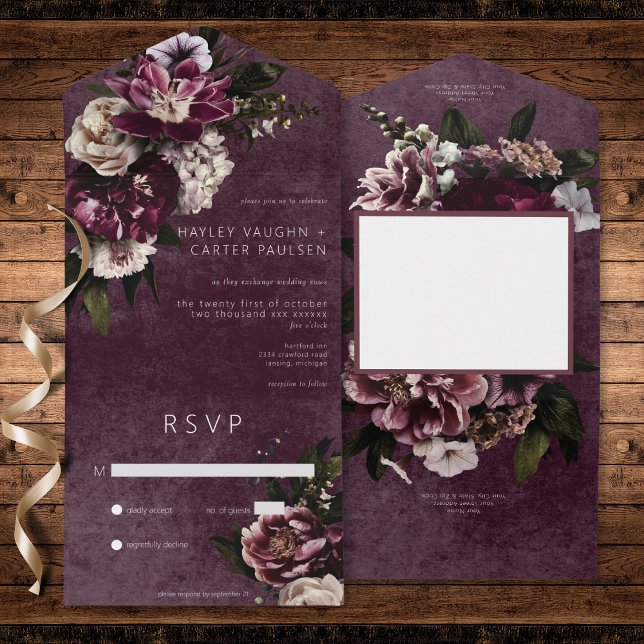 Dark Elegant Burgundy & White Floral No Dinner All In One Invitation (Dark Elegant Burgundy & White Floral No Dinner All In One Invitation)