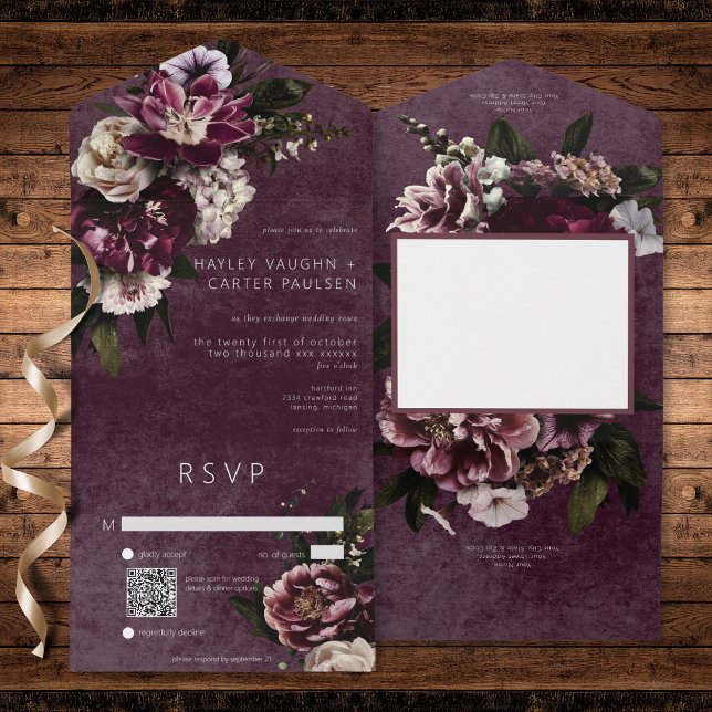 Dark Elegant Burgundy & White Floral QR Code All In One Invitation (Dark Elegant Burgundy & White Floral QR Code All In One Invitation)