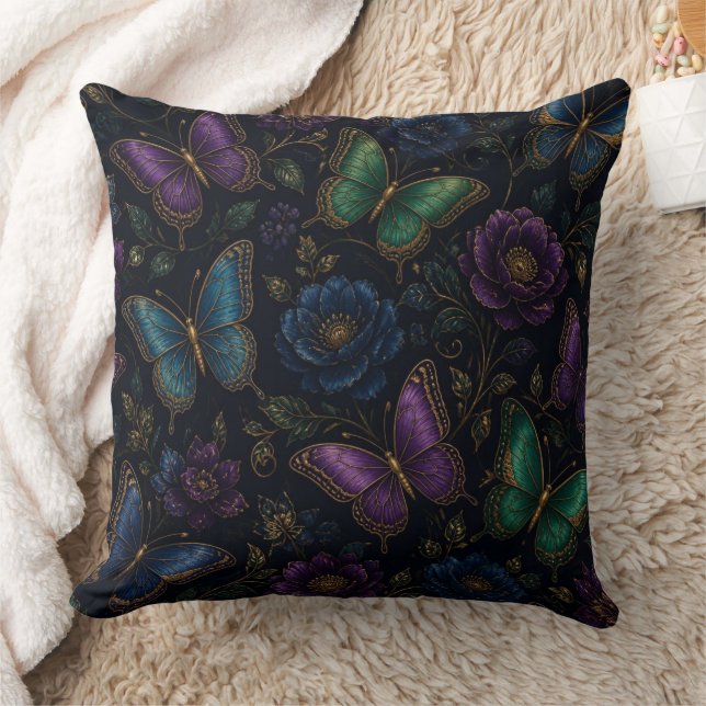 Dark Elegant Butterfly Pattern Throw Pillow (Blanket)