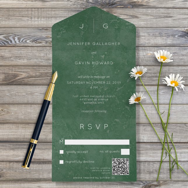Dark Elegant Emerald Green Minimal Modern QR All In One Invitation (Creator Uploaded)
