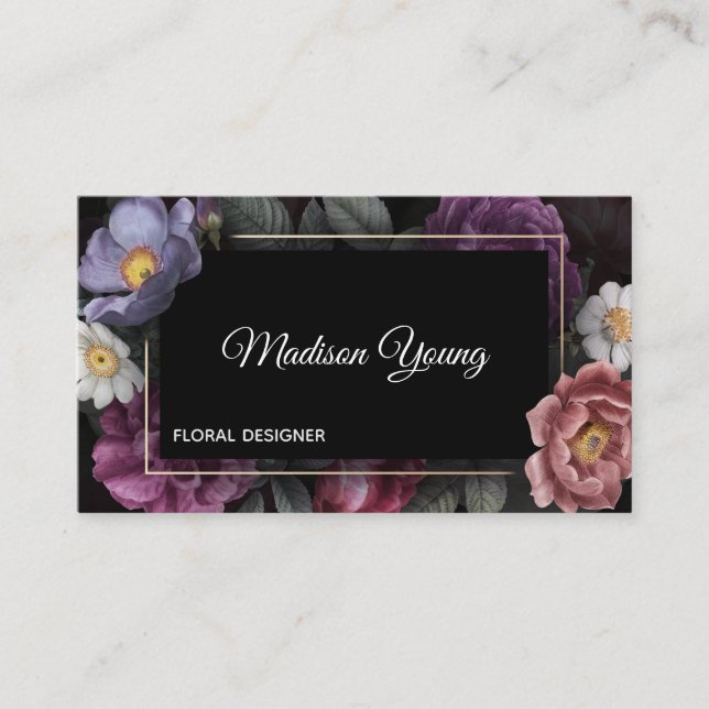 Dark Elegant Floral Business Card (Front)