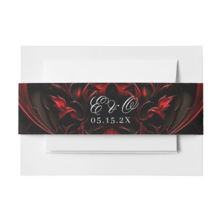 Dark Elegant Red & Black Gothic Damask Wedding Invitation Belly Band