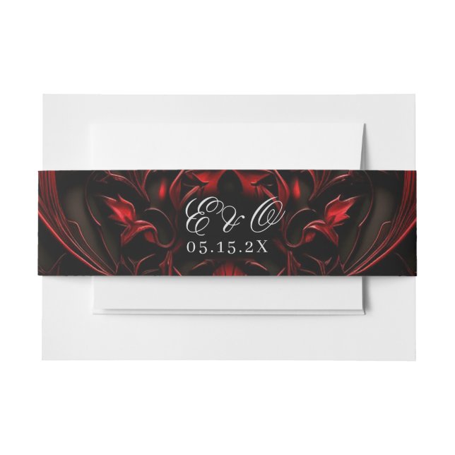 Dark Elegant Red & Black Gothic Damask Wedding Invitation Belly Band (Front Example)