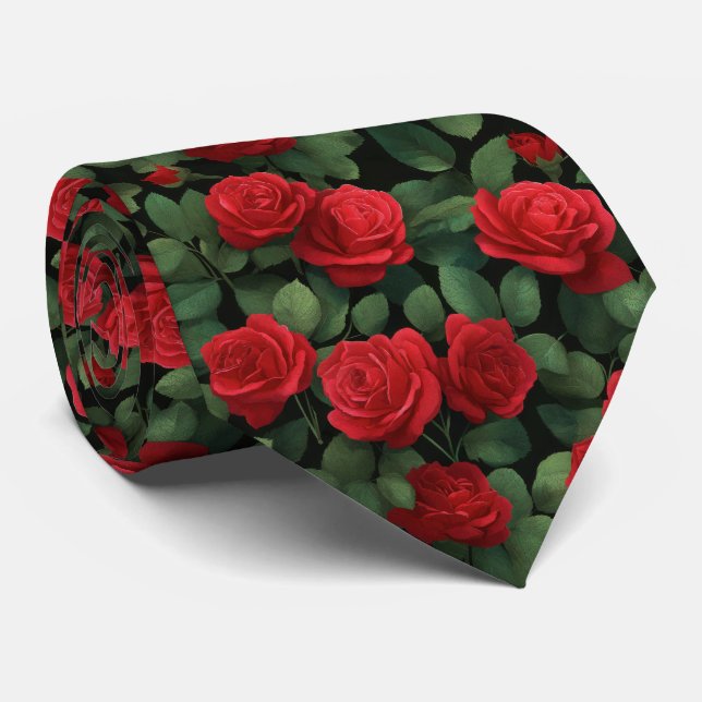 Dark Elegant Red Rose Pattern Tie (Rolled)