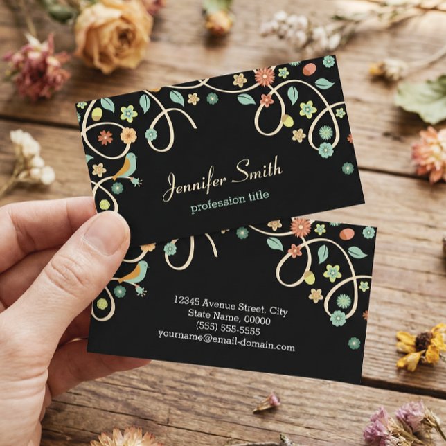 Dark Elegant Swirl Floral Tree and Bird Business Card (Creator Uploaded)