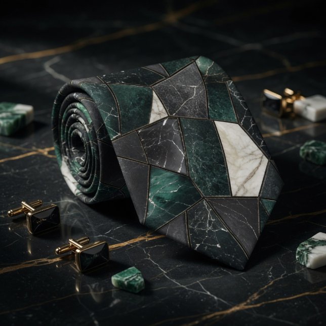 Dark Emerald and Charcoal Marble Geometric Mosaic Tie (Creator Uploaded)
