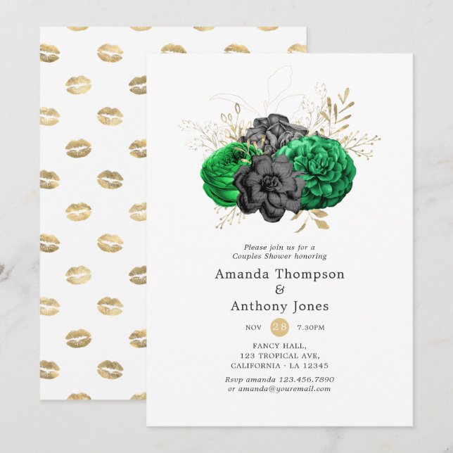 Dark Emerald and Gold Floral Couples Shower Invitation (Front/Back)