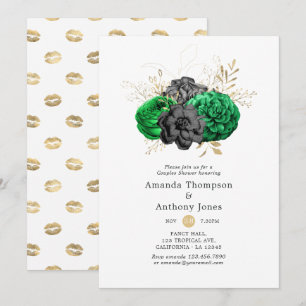 Dark Emerald and Gold Floral Couples Shower Invitation