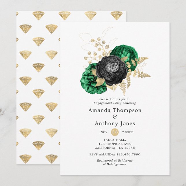 Dark Emerald and Gold Floral Engagement Party Invitation (Front/Back)