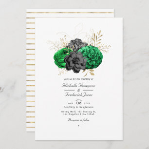 Dark Emerald and Gold Floral QR Code RSVP Wedding Invitation