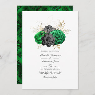 Dark Emerald and Gold Floral QR Code RSVP Wedding Invitation