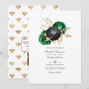 Dark Emerald and Gold Floral QR Code RSVP Wedding Invitation