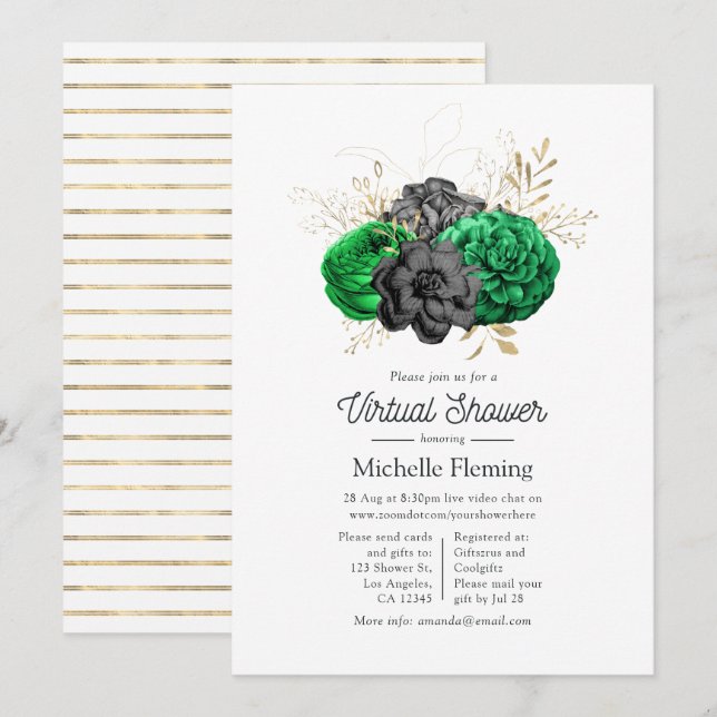 Dark Emerald and Gold Floral Virtual Bridal Shower Invitation (Front/Back)