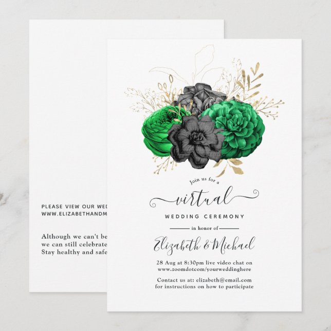 Dark Emerald and Gold Floral Virtual Wedding Invitation (Front/Back)