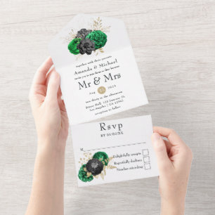 Dark Emerald and Gold Floral Wedding All In One In All In One Invitation
