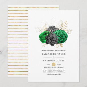 Dark Emerald and Gold Floral Wedding Invitation