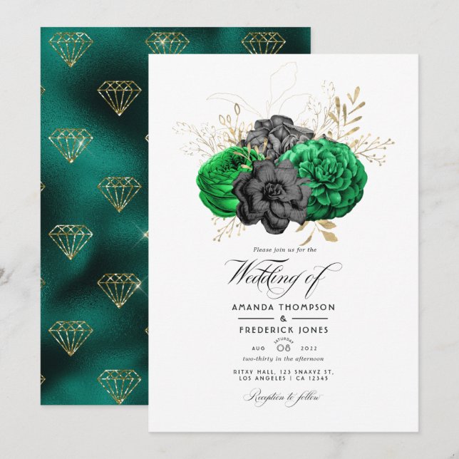 Dark Emerald and Gold Floral Wedding Invitation (Front/Back)