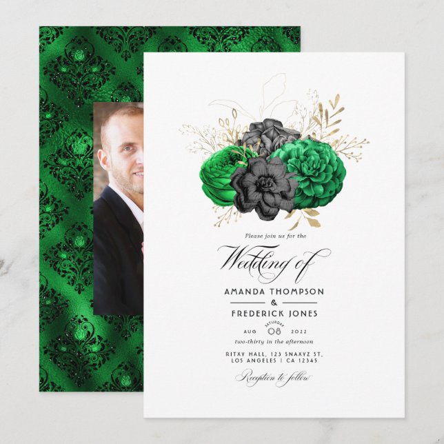 Dark Emerald and Gold Floral Wedding Invitation (Front/Back)