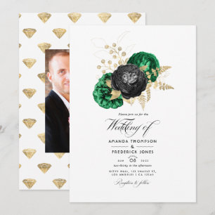 Dark Emerald and Gold Floral Wedding Invitation