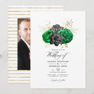Dark Emerald and Gold Floral Wedding Photo Invitation