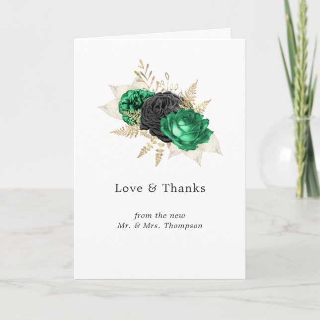 Dark Emerald and Gold Floral Wedding Photo Thank You Card (Front)