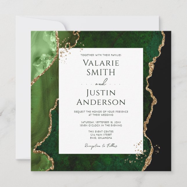 Dark Emerald Green and Gold Agate Stone Wedding  Invitation (Front)
