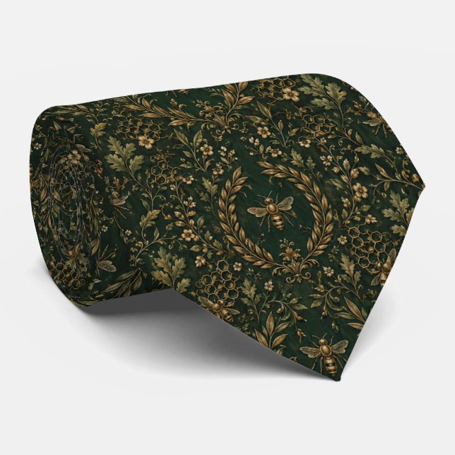 Dark Emerald Green and Gold Bee Botanical Tie (Rolled)