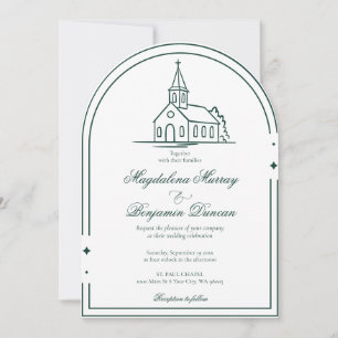 Dark Emerald Green Christian Chapel Church Wedding Invitation