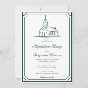Dark Emerald Green Christian Chapel Church Wedding Invitation