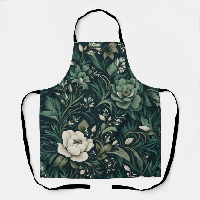 Dark Emerald Green Floral Apron (Front)