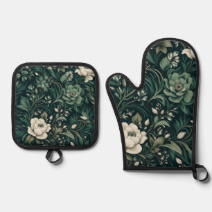 Dark Emerald Green Floral Oven Mitt & Pot Holder Set