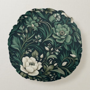 Dark Emerald Green Floral Round Cushion