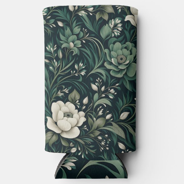 Dark Emerald Green Floral Seltzer Can Cooler (Front)