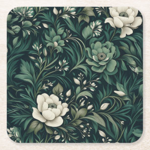 Dark Emerald Green Floral Square Paper Coaster