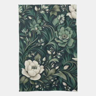 Dark Emerald Green Floral Tea Towel