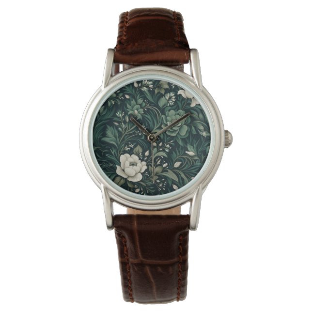 Dark Emerald Green Floral Watch (Front)