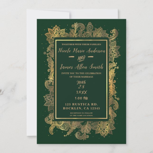 Dark Emerald Green & Gold Elegant Floral Wedding Invitation (Front)