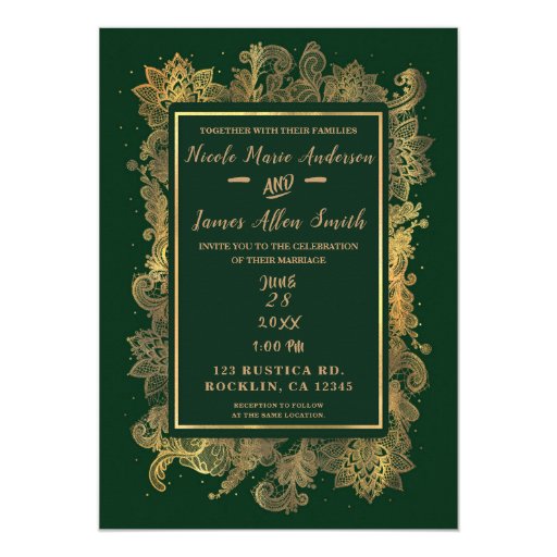 Image of Dark Emerald Green & Gold Elegant Floral Wedding Invitation