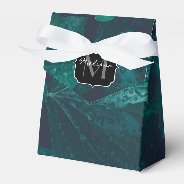 Dark emerald green ivy leaves water drops Monogram Favour Box (Front Side)