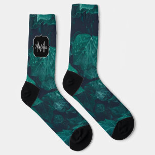 Dark emerald green ivy leaves water drops Monogram Socks