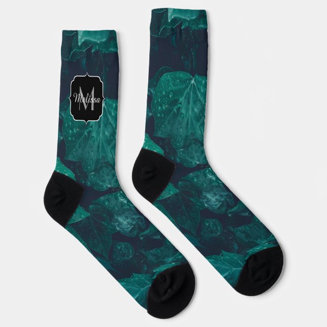 Dark emerald green ivy leaves water drops Monogram Socks (Right)