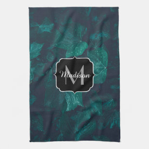 Dark emerald green ivy leaves water drops Monogram Tea Towel