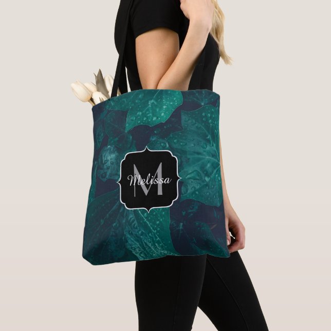 Dark emerald green ivy leaves water drops Monogram Tote Bag (Close Up)