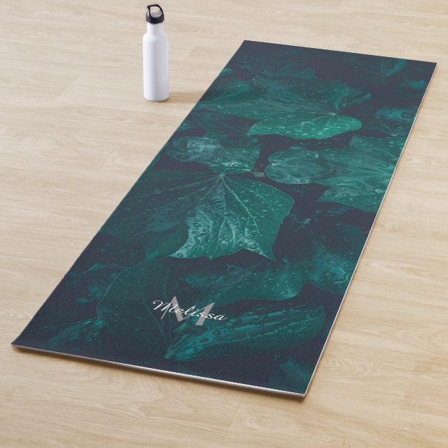 Dark emerald green ivy leaves water drops Monogram Yoga Mat (In Situ)