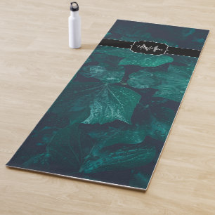 Dark emerald green ivy leaves water drops Monogram Yoga Mat