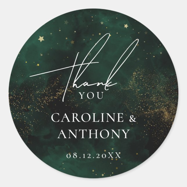 Dark Emerald Green Magical Gold Thank You Classic Round Sticker (Front)