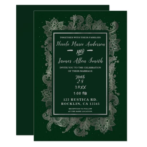 Image of Dark Emerald Green & Silver Elegant Floral Wedding Invitation