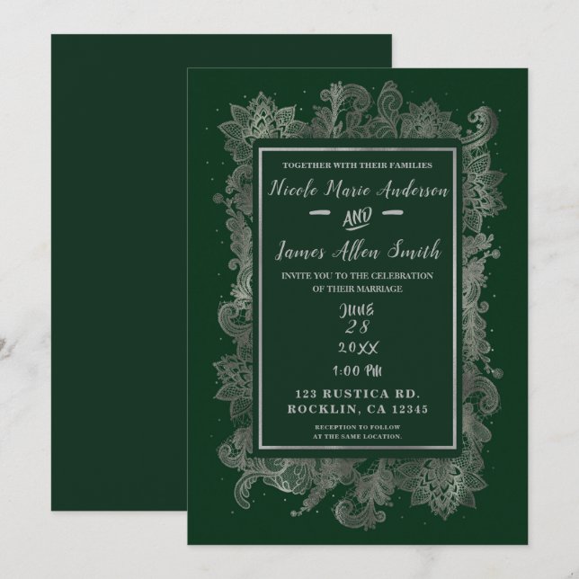 Dark Emerald Green & Silver Elegant Floral Wedding Invitation (Front/Back)
