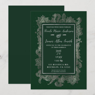 Dark Emerald Green & Silver Elegant Floral Wedding Invitation